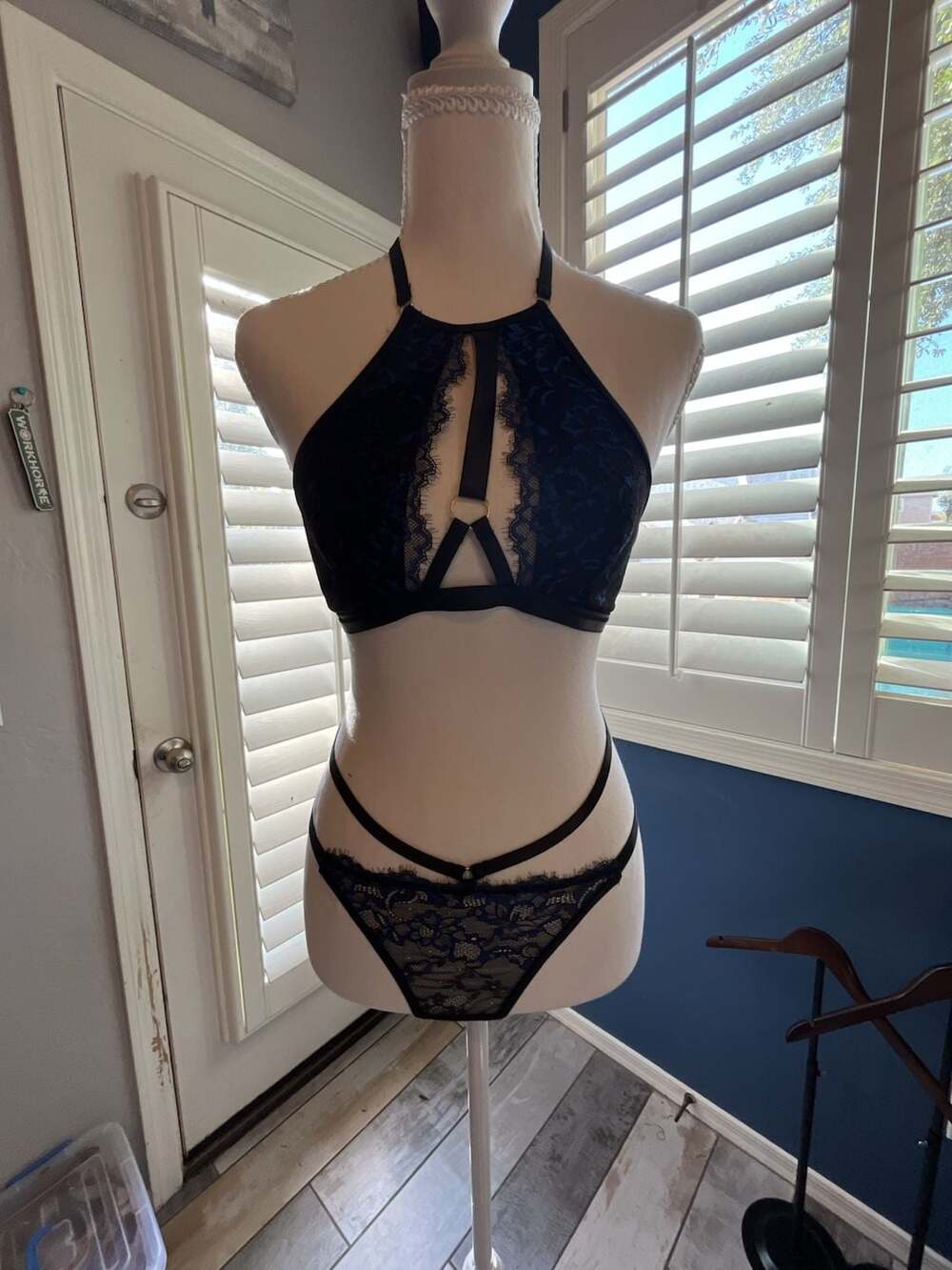 Black and Blue Lace Strappy Lingerie Set